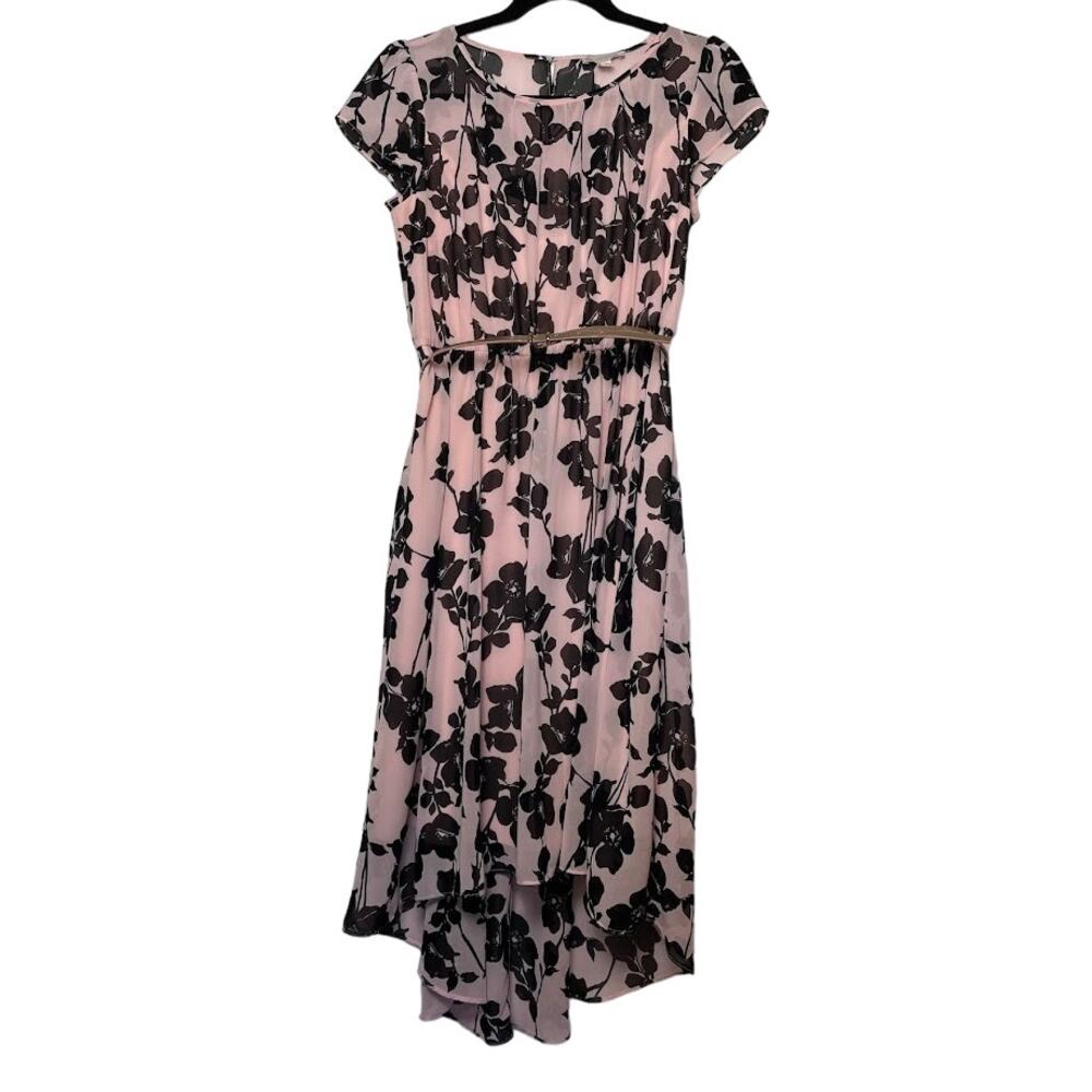 Pink Floral Dress Womens Size 4 Short Sleeve Black Crew Neck High Low Hem